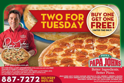 Papa John’s Two for Tuesday Promo, Buy 1 Get 1 Free!