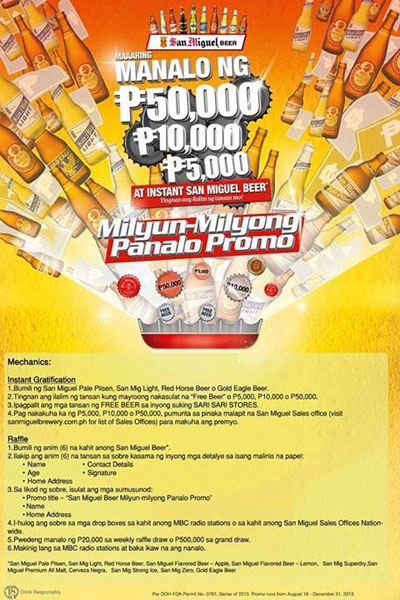 San Miguel Beer Milyun-Milyong Panalo Promo Win up to Php 50,000 and FREE San Miguel Beer products