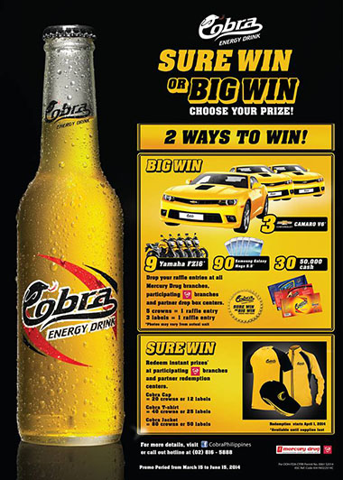 Cobra Energy Drink SURE WIN or BIG WIN Promo 2014 - Mechanics and Prizes