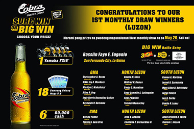 Cobra Sure Win or Big Win Promo Luzon Winners